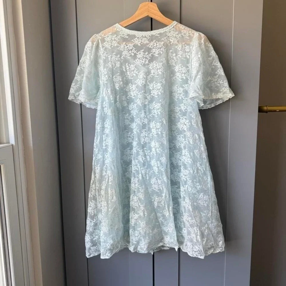 Shadowline Women's Sheer Lace Robe Light Blue Small Vintage Nylon